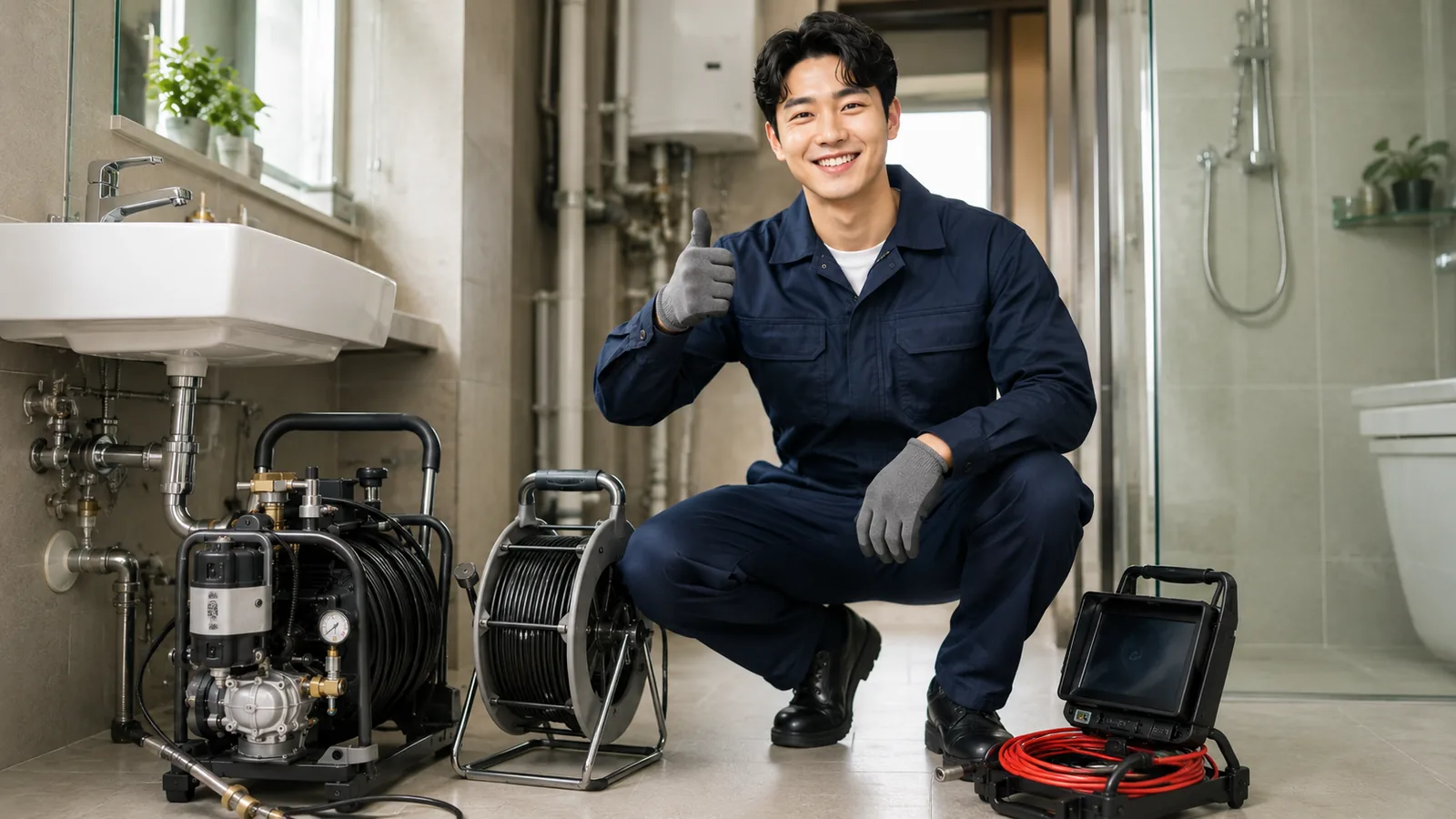 서울 서남권 변기막힘 작업복 기술자와 변기내시경·전동스프링 전문 장비